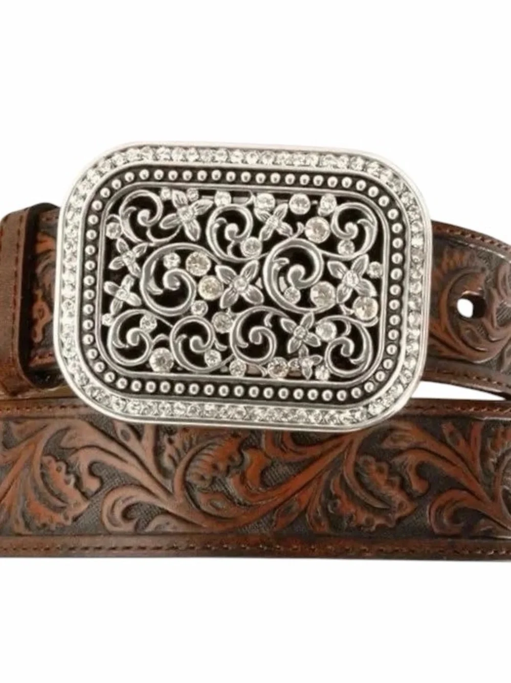 Ariat Tooled Leather Western Belt Crystal Buckle Brown Size Large NWT